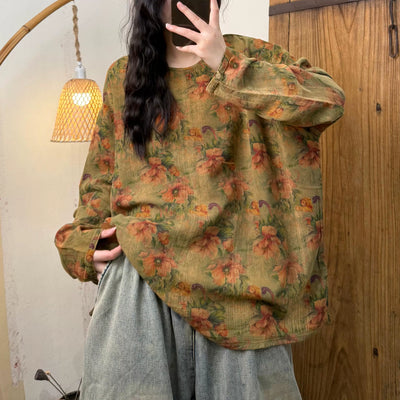Women Spring Retro Cotton Printed Floral Casual Loose Shirt