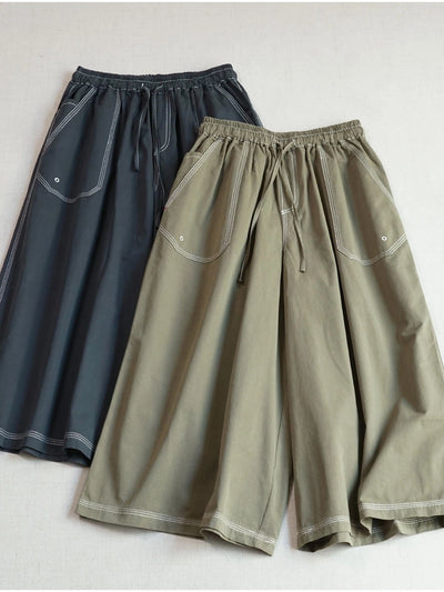 Retro Cotton Versatile Loose Elastic Waist Lace-Up Pockets Pants