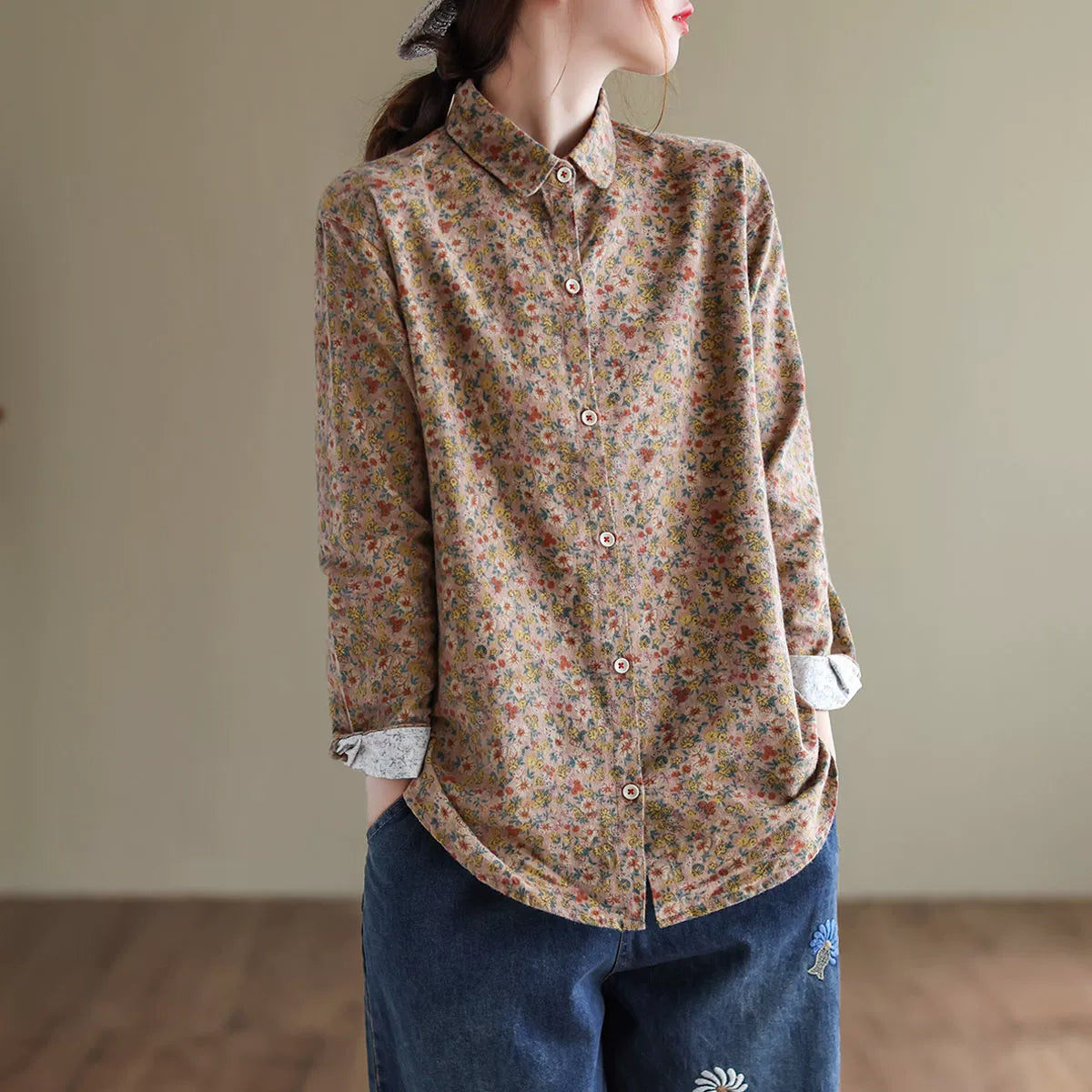 Women Spring Retro Floral Long-Sleeved Cotton Linen Shirts