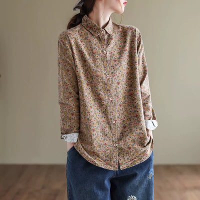 Women Spring Retro Floral Long-Sleeved Cotton Linen Shirts