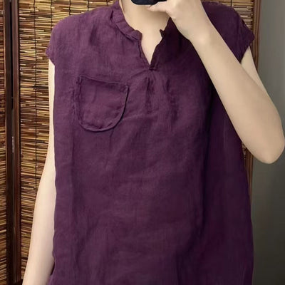 Babakud Summer Causla Linen Loose Pocket V- Neck Vest