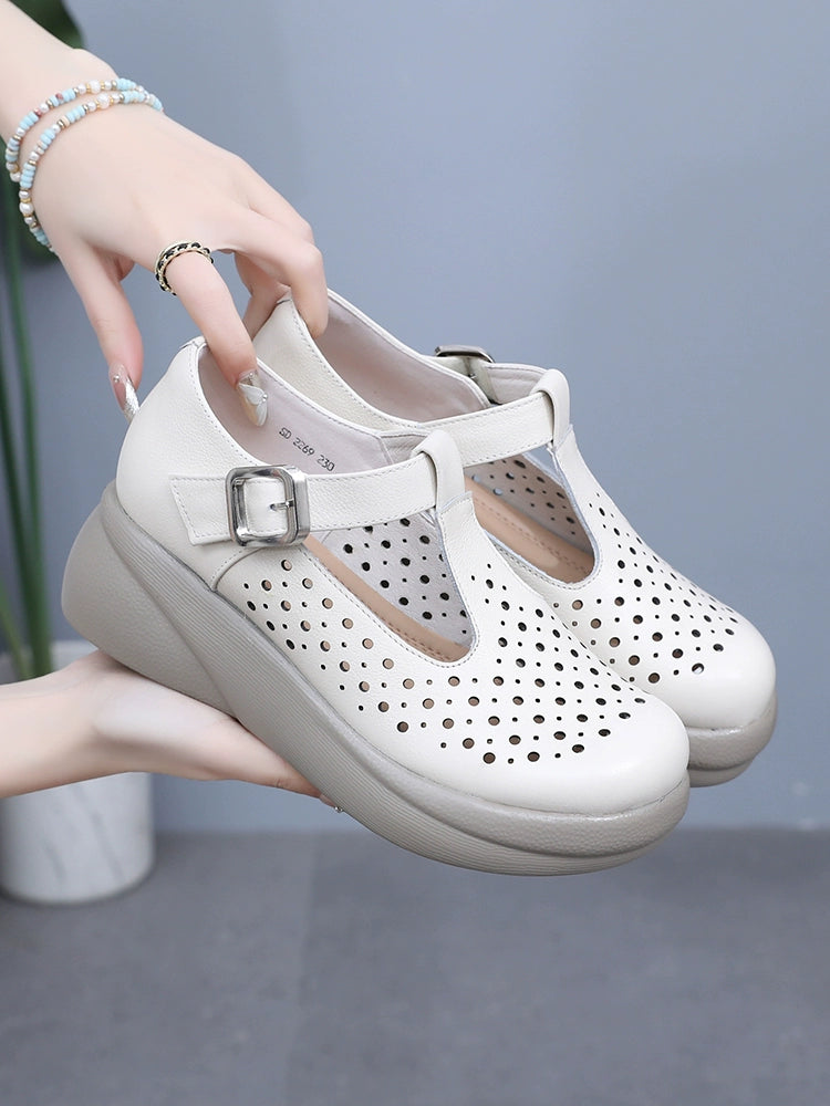 Women Summer Retro Leather Hollow Platform Sandals