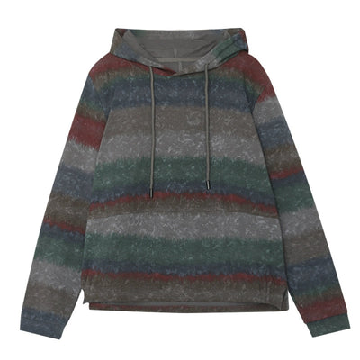 Women Spring Casual Loose Color Block Striped Hooded Sweatshirt