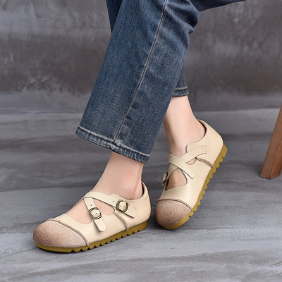 Genuine Leather Retro Casual Patchwork Crossing Straped Shoes