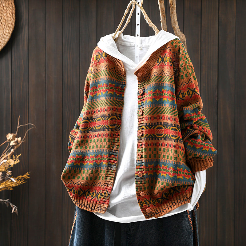 Women Spring Retro Cotton Knit Printed Casual Loose Cardigan
