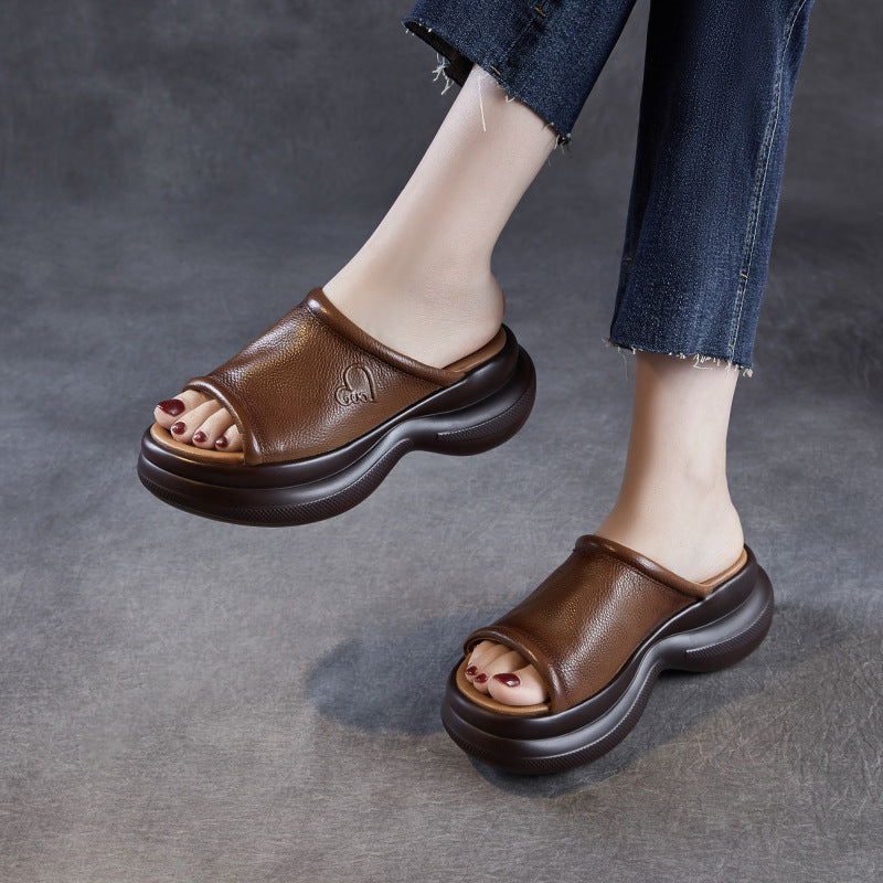 Babakud Summer Retro Leather Peep Toe Chunky Sole Sandals Slippers
