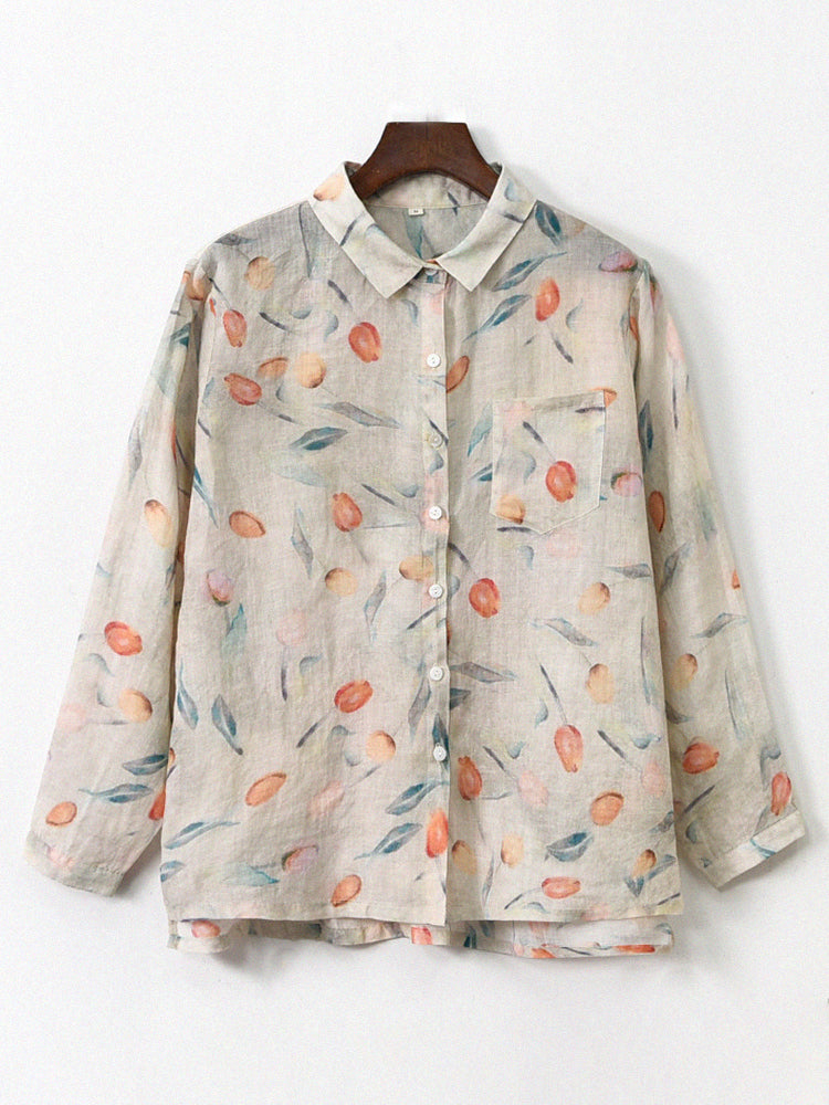 Women Long Sleeves Printed Loose Retro Cotton Ramie Shirt