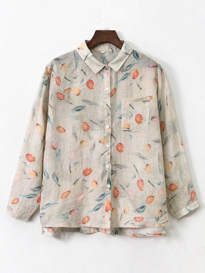 Women Long Sleeves Printed Loose Retro Cotton Ramie Shirt