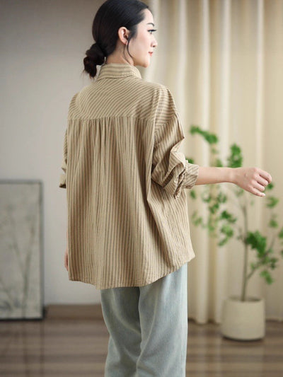 Babakud Retro Cotton Striped Casual Loose Patchwork Shirt