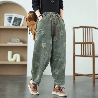 Women Spring Retro Denim Printed Rose Casual Harem Pants