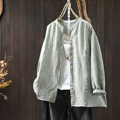 Women Spring Retro Pure Linen Plaid Long Sleeve Blouse