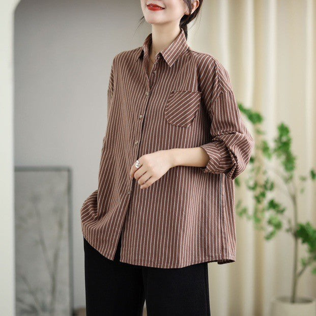 Babakud Retro Cotton Striped Casual Loose Patchwork Shirt
