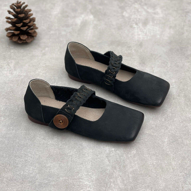 Artistic Retro Square Toe Handmade Woven Strap Leather Flats
