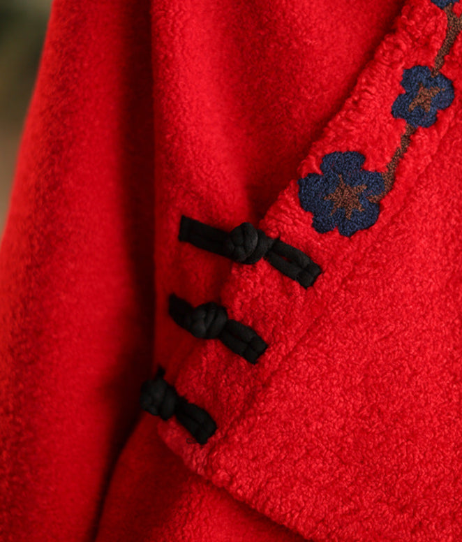 Women Ethnic Style Wool Suede Lining Cross-Over Warm Coat