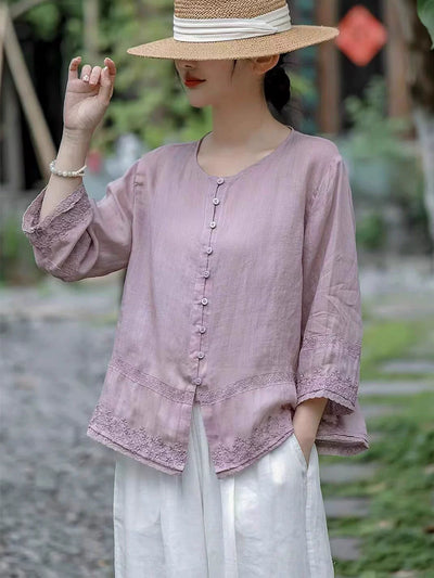 Babakud Retro Ramie Single-Breasted Embroidered Shirt