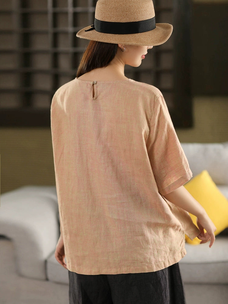 Women Vintage Casual Linen Loose Fit Short Sleeve Pullover Shirt