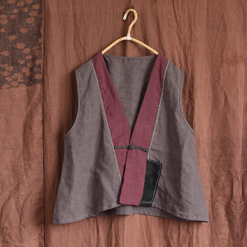 Women Retro Linen Patchwork Sleeveless Linen Vest