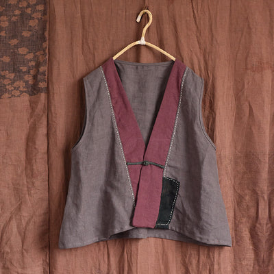 Women Retro Linen Patchwork Sleeveless Linen Vest