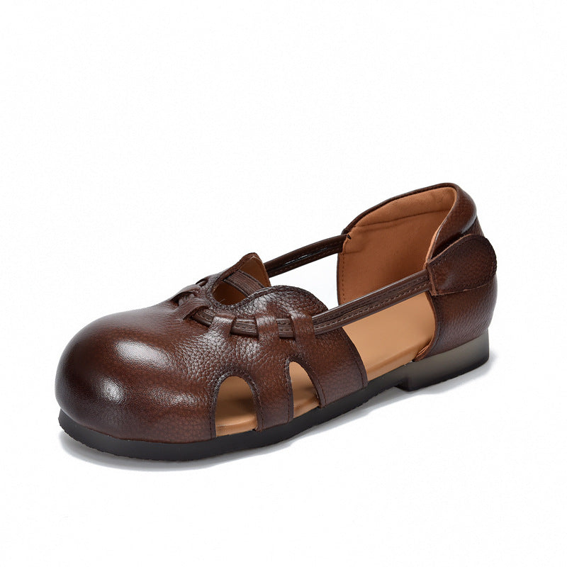 Summer Retro Leather Round Toe Cut Out Comfortable Velcro Sandals