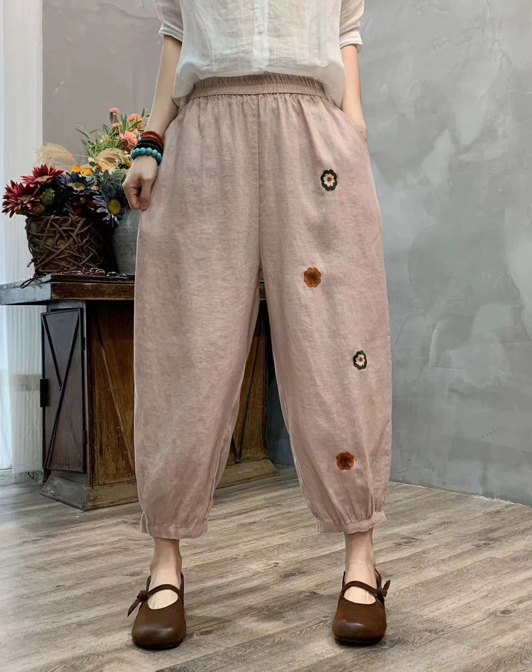 Summer Retro Linen Embroidered Elastic Waist Harem Pants
