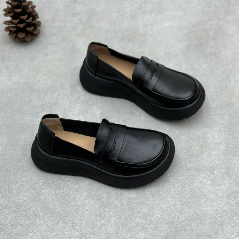 Women Retro Comfy Soft Platform Genuine Leather Slip-Ons
