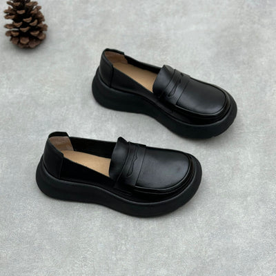 Women Retro Comfy Soft Platform Genuine Leather Slip-Ons