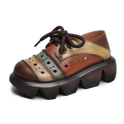 Women Color Block Platform Retro Perforated Leather Casual Shoes