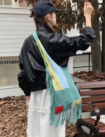 Casual Large Capacity Color Block Tassel Knit Shoulder Bag