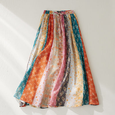 Women Spring Ethnic Style Ramie Patchwork A-Line Skirt