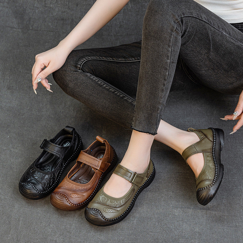 Casual Leather Soft Sole Wide Round Toe One Straped Shoes