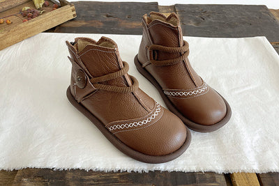 Babakud Women Round Toe Leather Warm Waterproof Short Boots