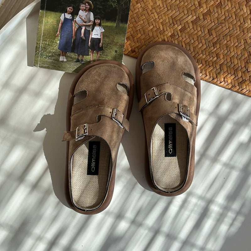 Women Retro Leather Sueded Closed Toe Cut Out Slip On Shoes