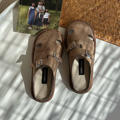 Women Retro Leather Sueded Closed Toe Cut Out Slip On Shoes