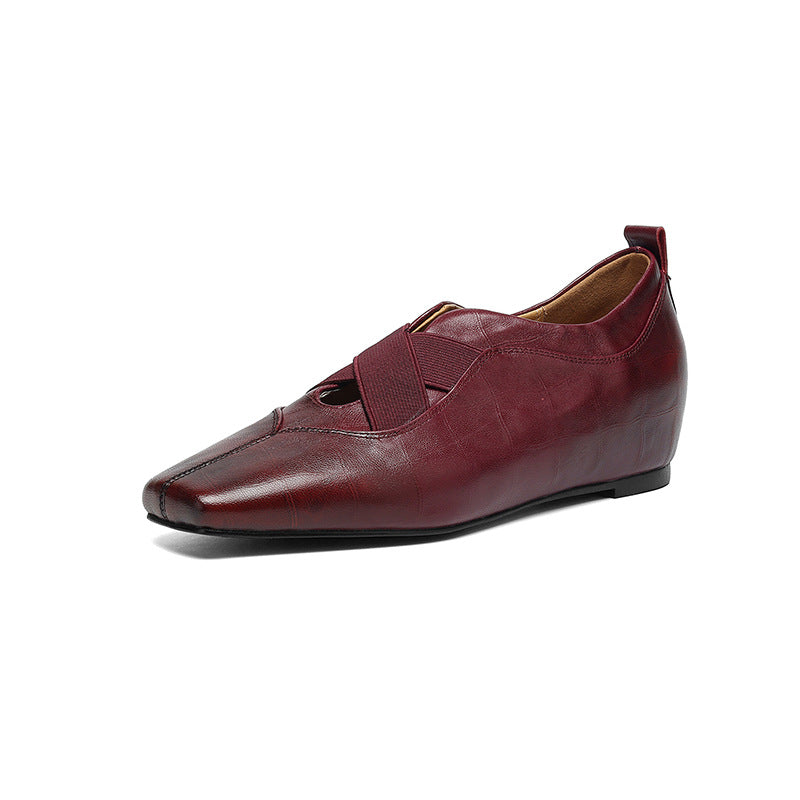 Retro Sheepskin Leather Square Toe Crossing Straped Shoes