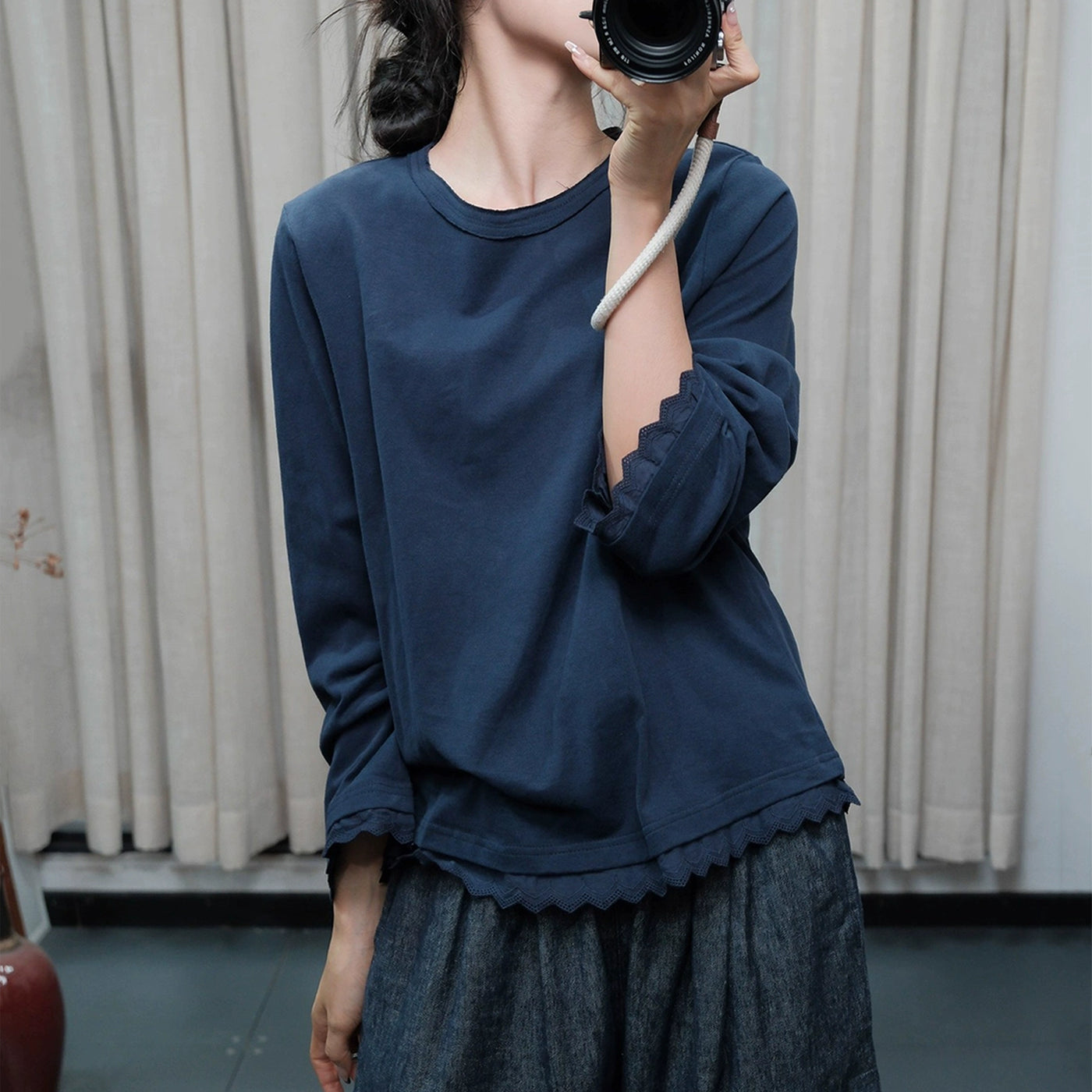 Babakud Retro Cotton Round Neck Scalloped Edge Tops