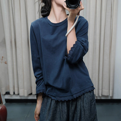 Babakud Retro Cotton Round Neck Scalloped Edge Tops