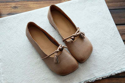Summer Retro Leather Shallow Closed Toe Fringe Flat Shoes