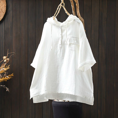 Women Spring Vintage Cotton Hooded Short-Sleeve Pullover Shirt