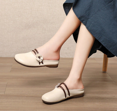 Minimalist Genuine Leather Flower Low-Heel Slippers for Women