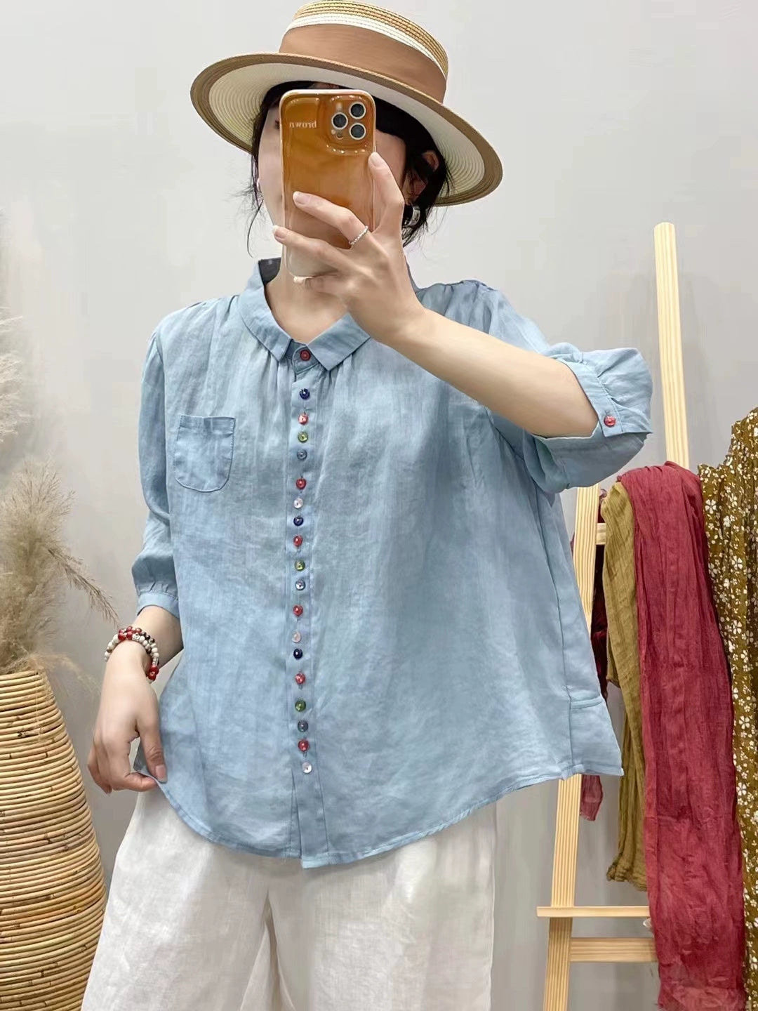 Summer Ramie Casual Versatile Colorful Button Loose Shirt