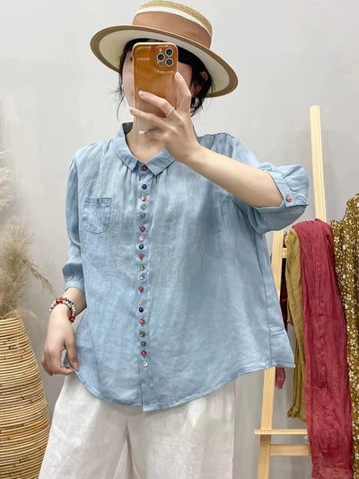 Summer Ramie Casual Versatile Colorful Button Loose Shirt