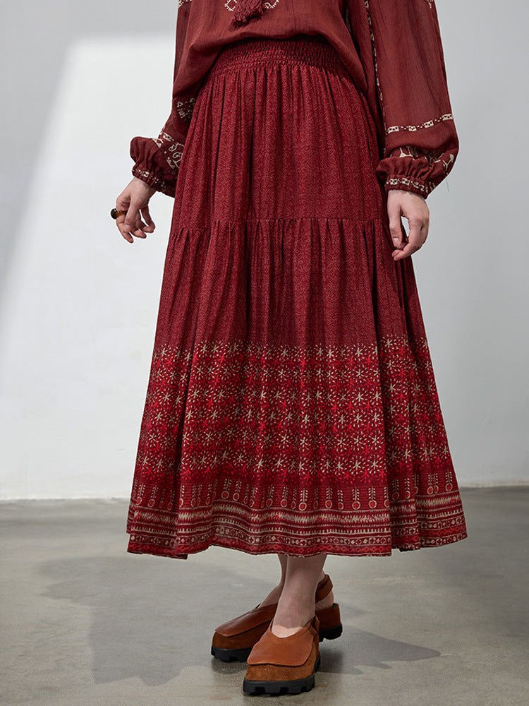 Summer Women Retro Cotton Loose Printed A-Line Skirts