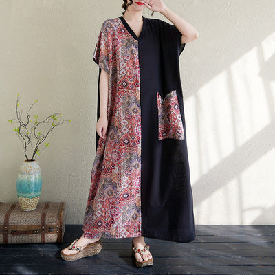Spring Loose Retro Printed Color Block V-Neck Cotton Dresses