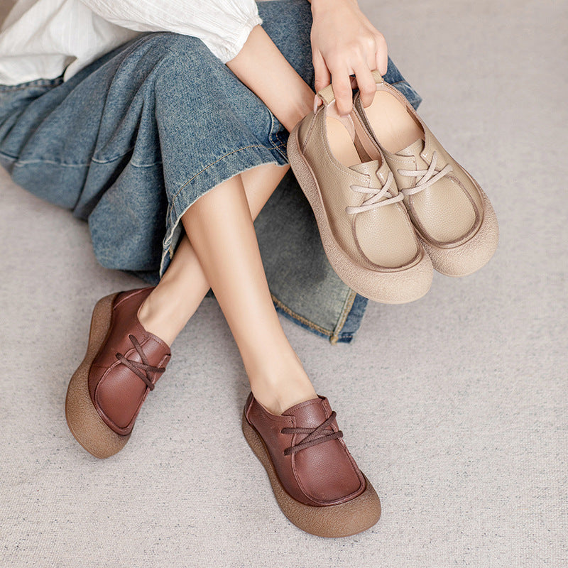 Retro Autumn Leather Round Toe Platform Slip-On Shoes