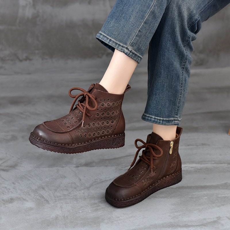 Babakud Women Spring Retro Hollow Leather Lace- Up Sandals Boots