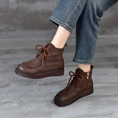 Babakud Women Spring Retro Hollow Leather Lace- Up Sandals Boots