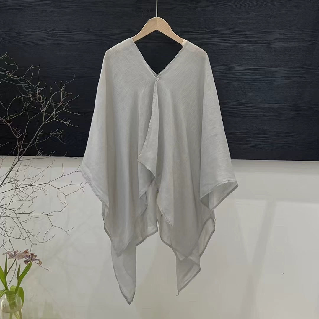 Women Spring Retro Casual Ramie V-Neck Asymmetric Shirt