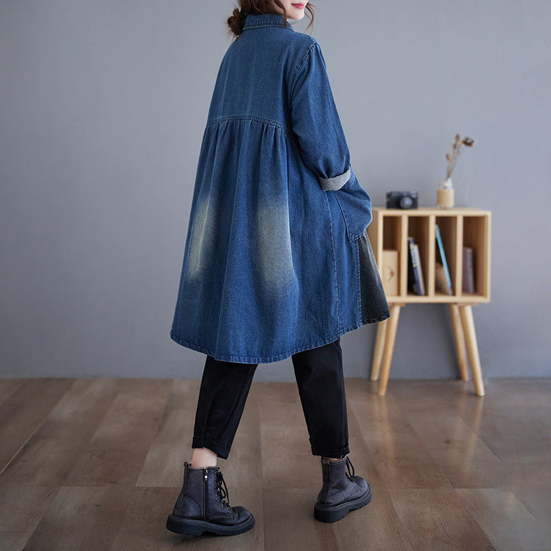Women Autumn Retro Denim Patchwork A-Line Coat