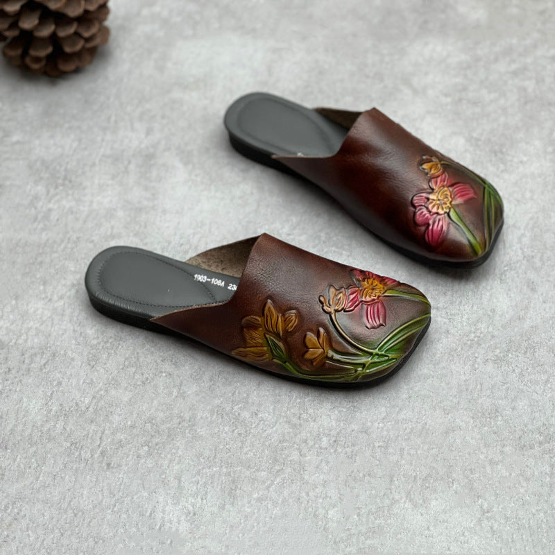 Retro Ethnic Style Embossed Flat Genuine Leather Slippers