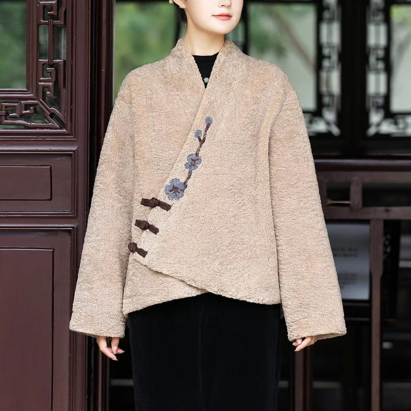 Women Ethnic Style Wool Suede Lining Cross-Over Warm Coat